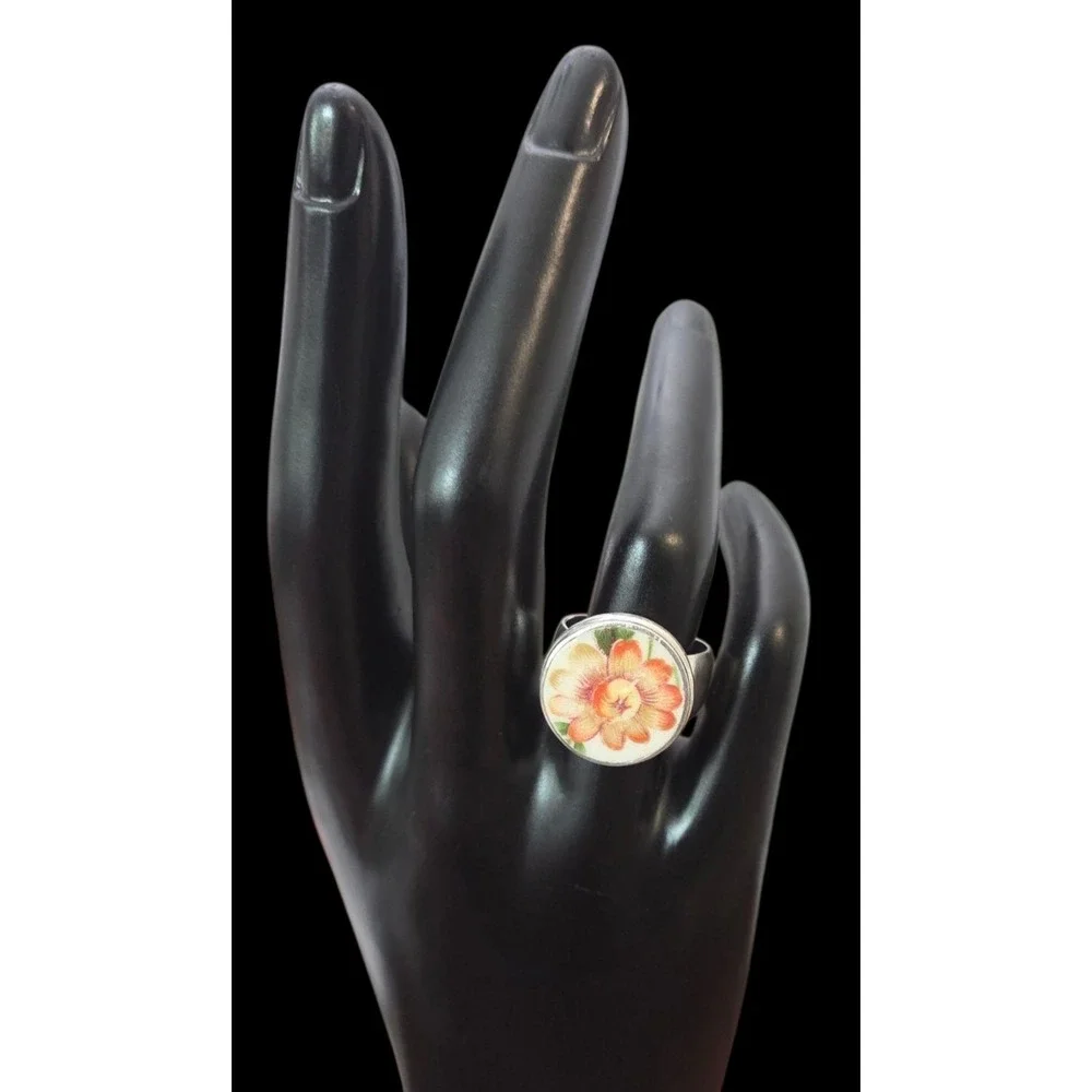 Women's Size 7 Baroque Handpainted Ceramic Flower Sterling 925 Vintage Wide Ring